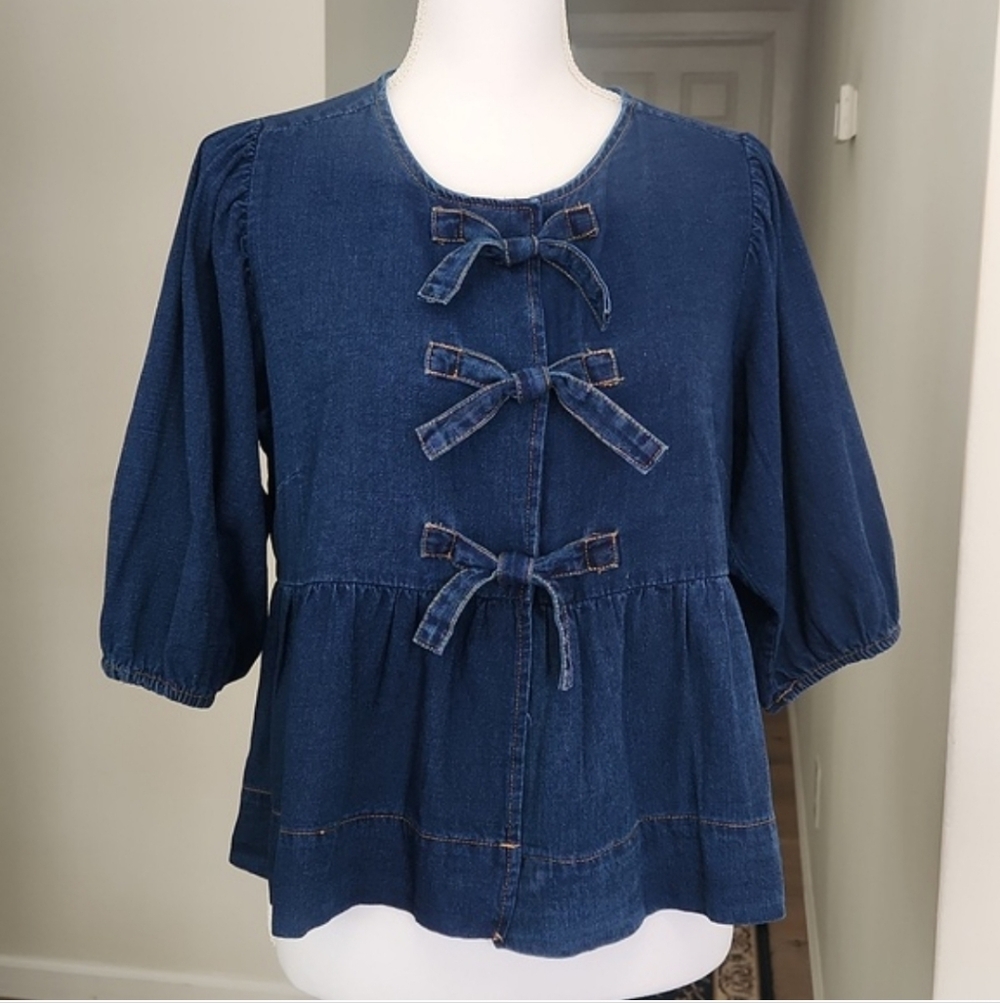 Velvet Heart Lamont Calva Denim Bow Peplum Top Medium M